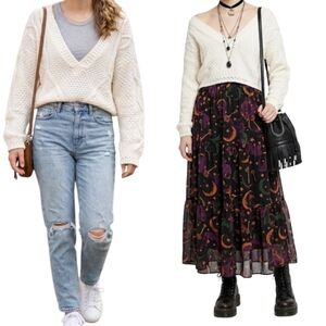 VTG 90s EQUIPT Cable Knit Cropped Sweater V-Neck Cream Made in usa oversized